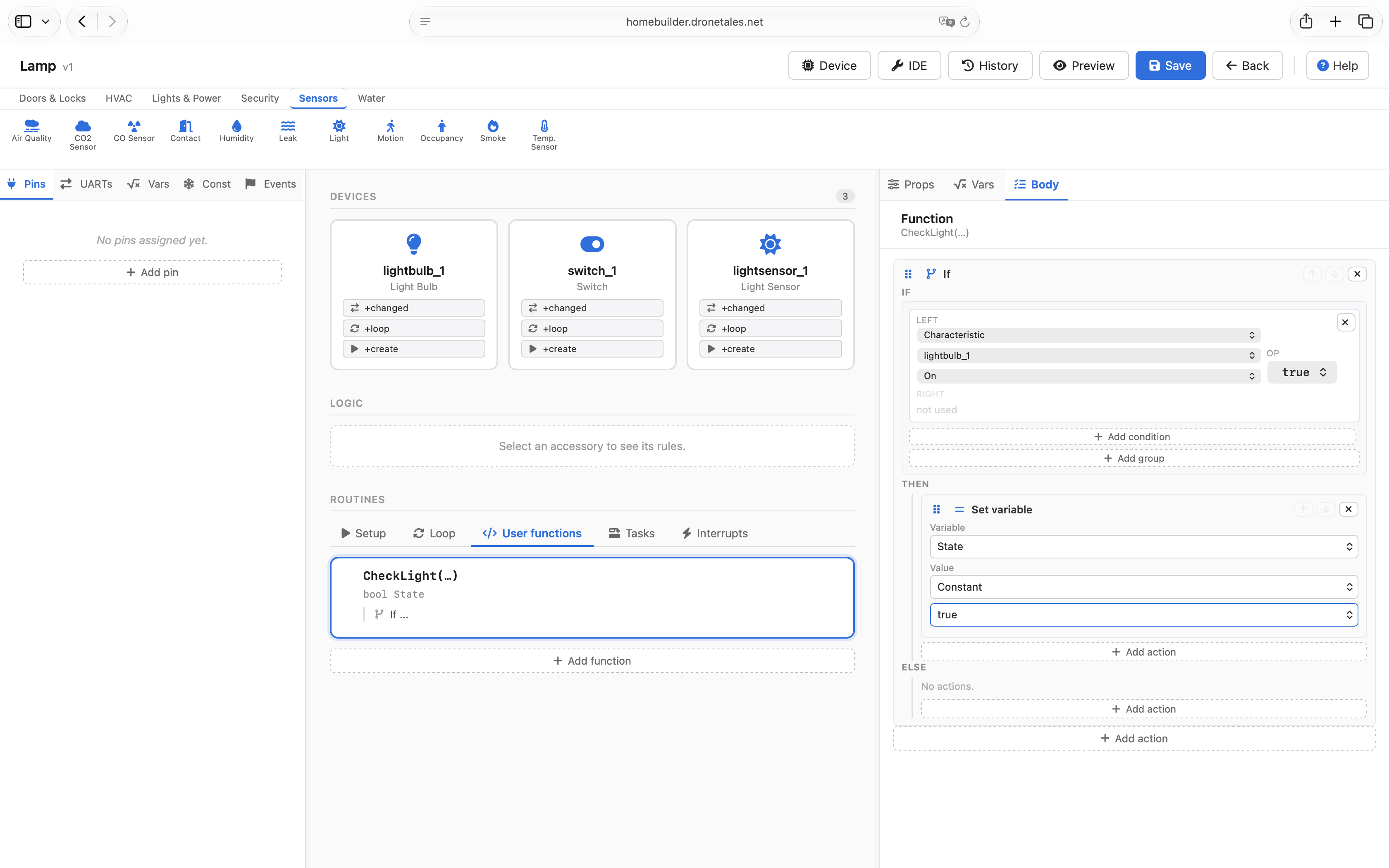 HomeSpan Visual Builder logic rules and pins